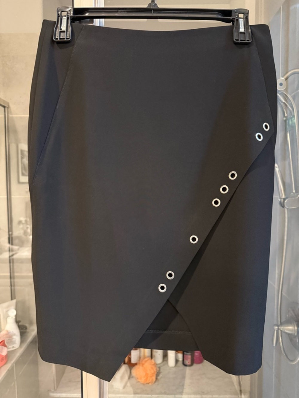 Donna Karan New York Black Eyelet-Trim Asymmetrical Pencil Skirt